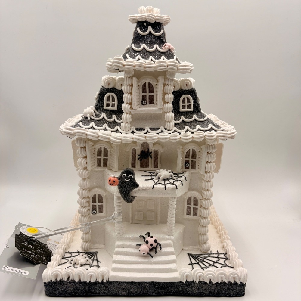 Bella Lux Halloween Haunted Gingerbread House Light Up White Black Ghost Spider